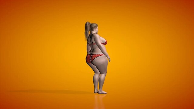 Fat woman posing, camera rotating seamless loop, orange studio