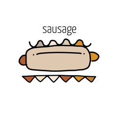 Barbecue or grill sausage. Vector icon of bbq on fork for picnic party