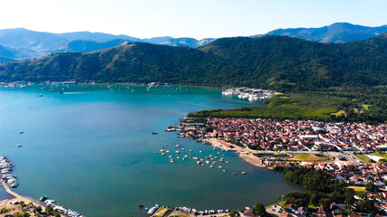 Gulf Ilha Grande Atlantic ocean boats yachts hills Paraty Brazil aerial view