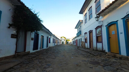 Street Avenue Paving stones Colorful houses Paraty Brazil Panorama