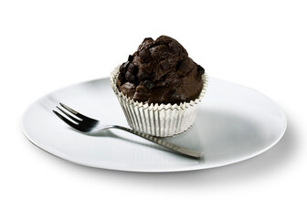 Pastel de chocolate en plato sobre fondo blanco, primer plano. Chocolate cake on plate on white background, close-up.