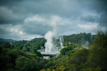 Fototapeta na wymiar Dramatic winter sky over geothermal zone in mountains near Rotorua