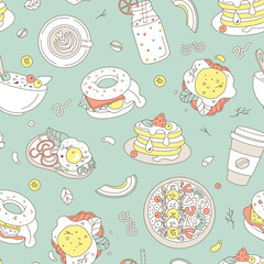 Breakfast food hand drawn seamless pattern. Vector illustration