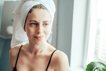 Portrait of Beautiful Young Caucasian White Adult Girl in Bath Towel