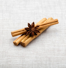 Canela y anis fresco sobre mantel. Cinnamon and fresh anise on tablecloth.