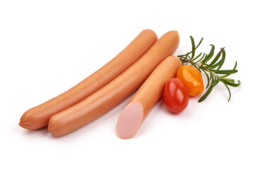Fresh boiled Wiener sausages, isolated on white background