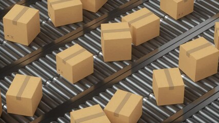 Transportation of the container box on the conveyer belt, 3d rendering