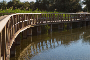 Fototapeta na wymiar Wooden footbridge over a river. Tablas de Daimiel. Spain