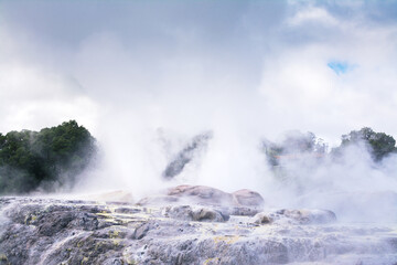 Geothremal rock field with erupting geysers