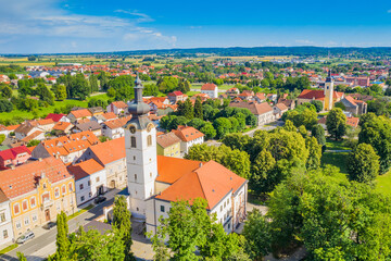 Fototapeta na wymiar Panoramic aerial view of the town of Koprivnica in Podravina region in Croatia, church and city park
