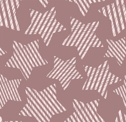 Striped stars, seamless pattern, hatching, gray. Pink stars on a gray-pink field. Simulation of shading. Flat color decor. Vector.  