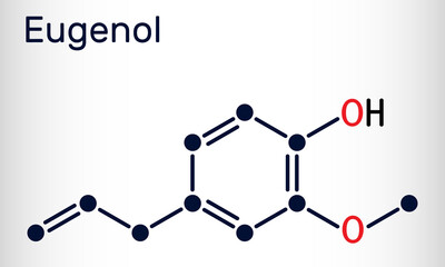 Eugenol, clove essential oil molecule. Is used as flavoring for foods and teas and as herbal oil  to treat toothache. Skeletal chemical formula
