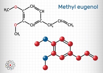 Methyl eugenol, allylveratrol, methyleugenol molecule. It is phenylpropene, a type of phenylpropanoid. Is used as flavoring agent, as fragrance, as anesthetic in rodents. Sheet of paper in a cage. Vec