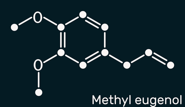 Methyl eugenol, allylveratrol, methyleugenol molecule. It is phenylpropene, a type of phenylpropanoid. Is used as flavoring agent, as fragrance, as anesthetic in rodents. SDark blue background