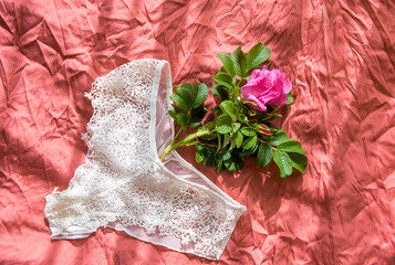 woman's bra on unmade bed.Openwork white cotton underpants on crumpled blanket. Red rose. Sexual...