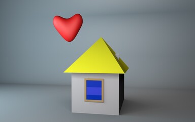 Home and red heart 3d illustration. Stay at home concept coronavirus COVID-19.