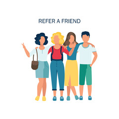 Obraz premium Concept of referral marketing, Refer A Friend loyalty program, promotion method. Vector illustration in flat style
