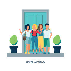 Concept of referral marketing, Refer A Friend loyalty program, promotion method. Vector illustration in flat style