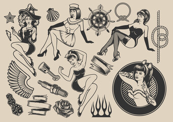 Set of vector illustrations with girls with elements for design on the themes of pin-up girls, marine design, rockabilly, Halloween.