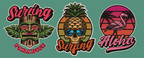 Set of colorful Hawaii surfing illustrations with tiki mask, skull, flamingo. These vectors are perfect for logos, shirt prints, and many other uses as well.