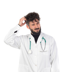 Young doctor with beard wearing a medical gown