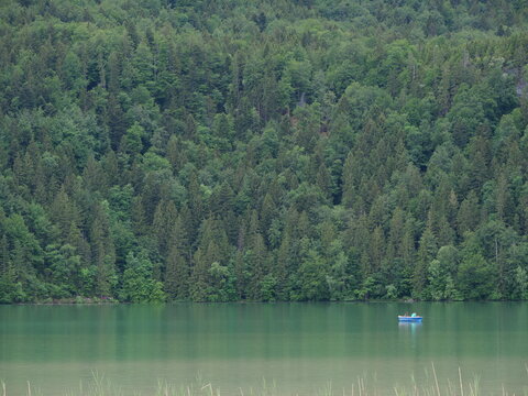Blaues Boot mit Anglern auf einem See mit grünem Wasser vor einem bewaldeten Berghang