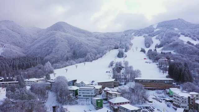 Aerial shot Winter Mount Zao snow at Yamakata, Japan.