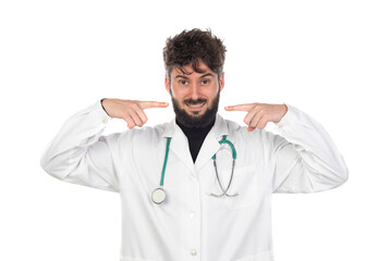 Young doctor with beard wearing a medical gown