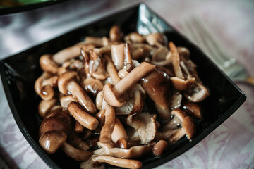 Marinated wild honey fungus (Armillaria mellea) mushrooms in the bowl. Selective focus. Shallow depth of field. 