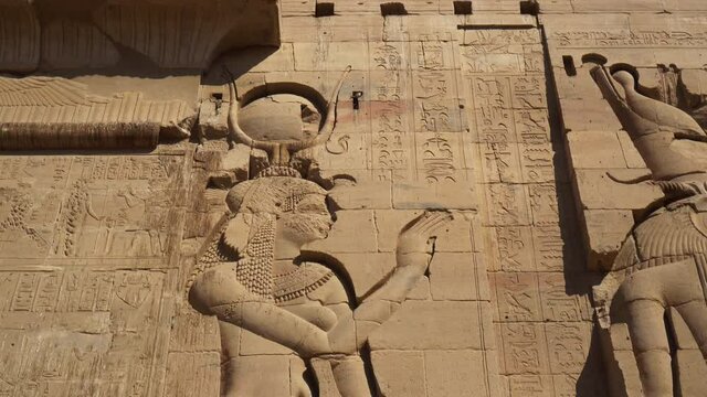 Egypt Aswan Philae temple hieroglyphic and god engraved beautiful historic art