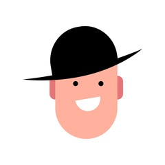 Vector illustration of young smiling man in a brimmed hat. Portrait of handsome cheerful boy. Avatar, profile, ID picture of a young person. Human head illustration wearing traditional hat