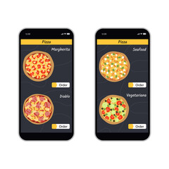 Online pizza ordering comcept. Pizzeria internet app for smartphones. Customer choosing pizza flavour. Flat vector illustration.