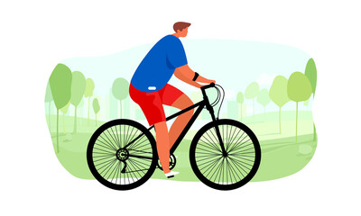 Fototapeta na wymiar Man on a bicycle in the park. Sport Activities and Healthy Lifestyle. Male Cartoon Character. Vector Illustration.
