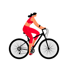 Girl on a bicycle on white background. Sport Activities and Healthy Lifestyle. Woman Cartoon Character. Vector Illustration.