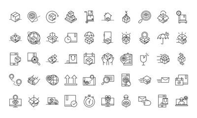 delivery packaging, cargo distribution, logistic shipment of goods icons set line style design