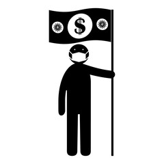 Figurine of a man in a protective medical mask holding a flag with dollar and coronavirus signs. Isolated vector illustration. Black silhouette.