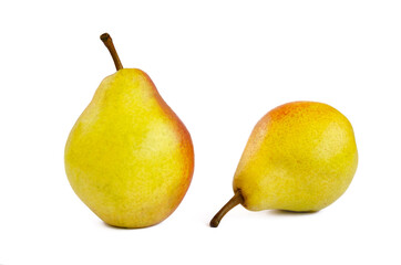 pear fruit, yellow fruits with red sides on a light background