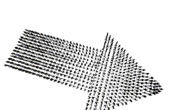Businessmen lead by a businesswoman forming arrow shape, hd against white