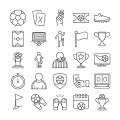 soccer game, trophy league recreational sports tournament line style icons set