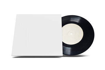 Vinyl single record in cardboard cover on white background.