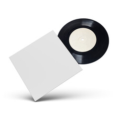 Vinyl single record in cardboard cover on white background.