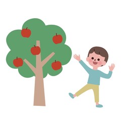 りんごがなった木を見て喜ぶ男の子