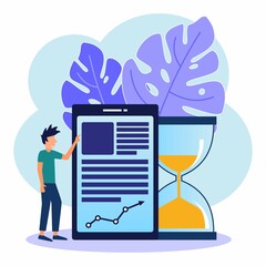 Vector illustration of a business growth business concept on a digital screen, hourglass on a white background, work time management concept.