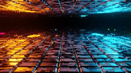 Many colors background on Square shape With the reflection of the metal floor. Square abstract background 3D rendering low focus distance. background for display products.