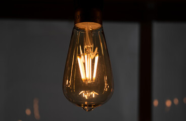 Set of vintage glowing light bulbs on dark background. Many different vintage light bulbs hanging from ceiling. close-up ampoule