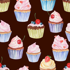 seamless pattern, watercolor illustration, sweets, cake piece, cupcake, wallpaper and fabric ornament, wrapping paper, background for different design