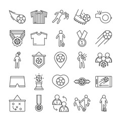 soccer game, trophy league recreational sports tournament line style icons set