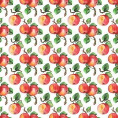 seamless pattern, watercolor illustration, ripe apples on branches with green leaves, ornament for wallpaper and fabric, wrapping paper, background for different design