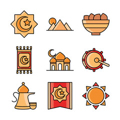 eid mubarak islamic religious celebration traditional icons set flat style