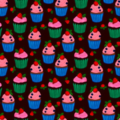 seamless pattern, vector illustration in cartoon style, cupcake, sweets, cake piece, in bright colors, wallpaper and fabric ornament, wrapping paper, background